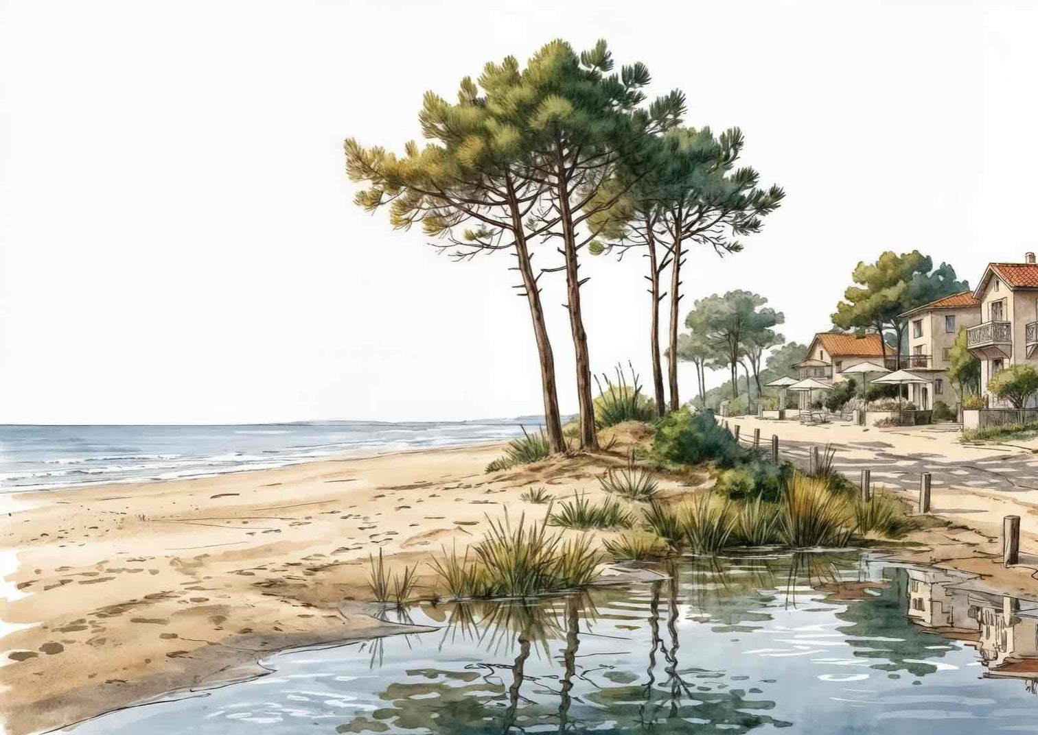 Balade au Cap Ferret – Papier peint panoramique évasion entre océan, sable et pinède - Illulart: Papier peint panoramique