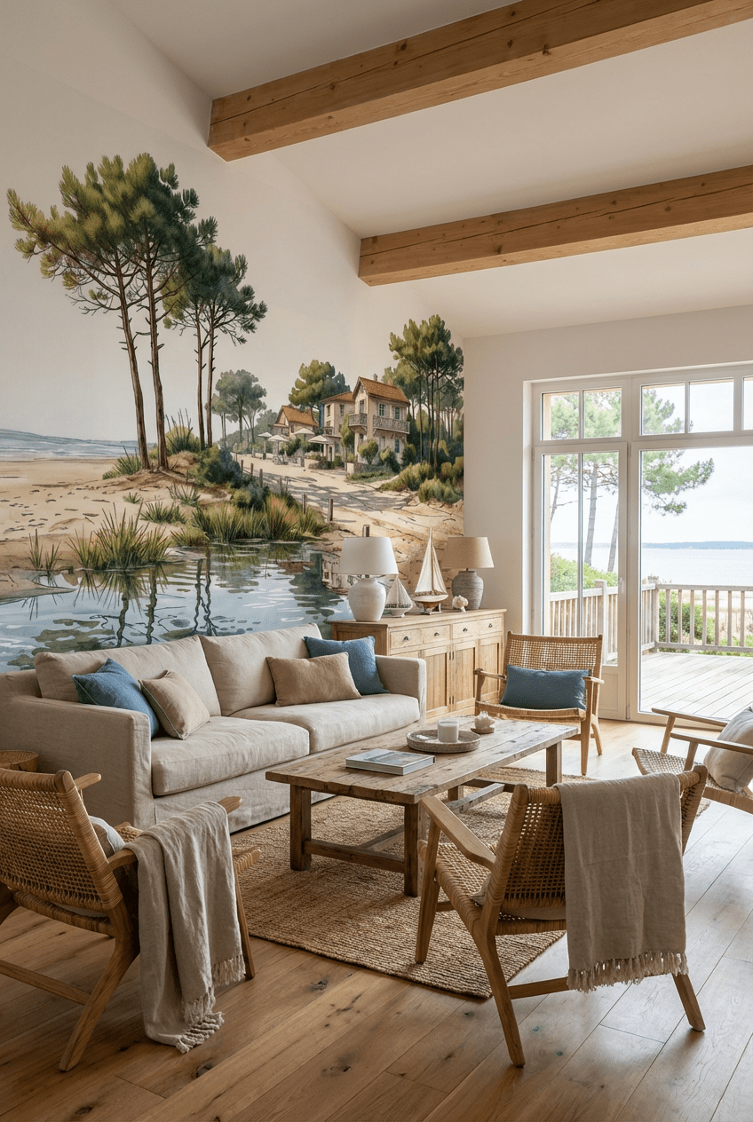 Balade au Cap Ferret – Papier peint panoramique évasion entre océan, sable et pinède - Illulart: Papier peint panoramique