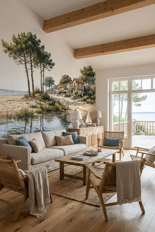 Balade au Cap Ferret – Papier peint panoramique évasion entre océan, sable et pinède - Illulart: Papier peint panoramique