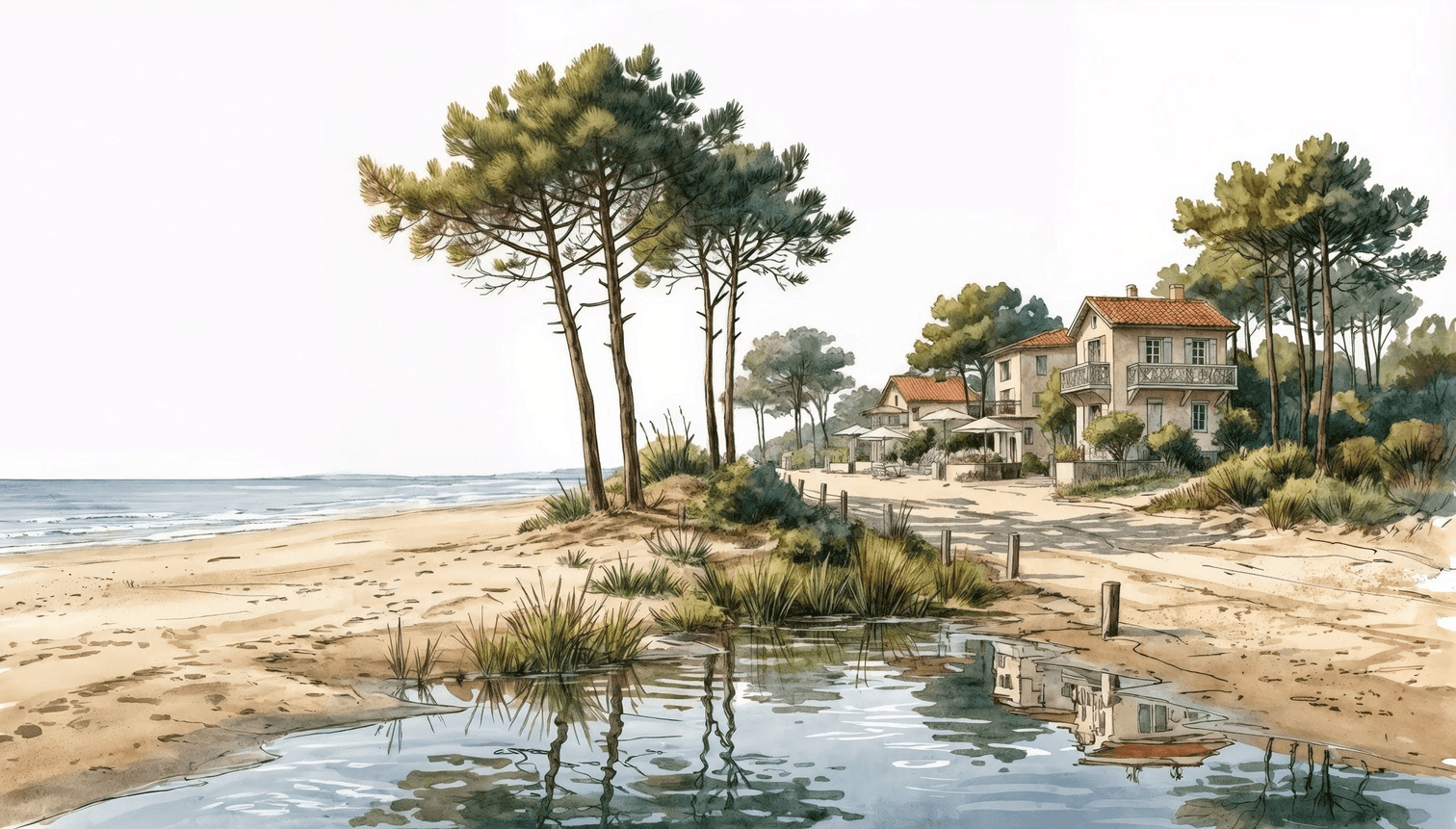 Balade au Cap Ferret – Papier peint panoramique évasion entre océan, sable et pinède - Illulart: Papier peint panoramique