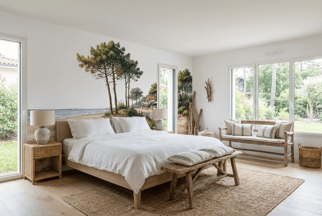 Balade au Cap Ferret – Papier peint panoramique évasion entre océan, sable et pinède - Illulart: Papier peint panoramique