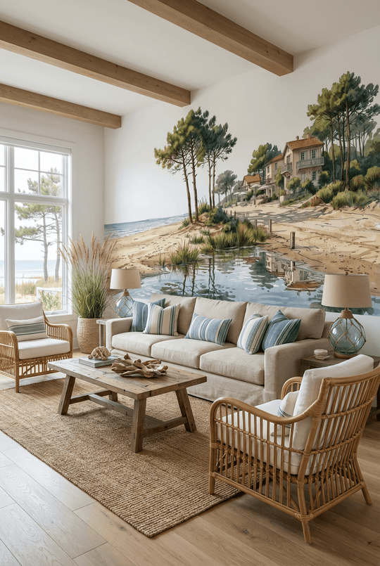 Balade au Cap Ferret – Papier peint panoramique évasion entre océan, sable et pinède - Illulart: Papier peint panoramique