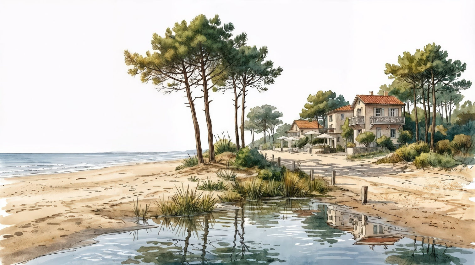 Balade au Cap Ferret – Papier peint panoramique évasion entre océan, sable et pinède - Illulart: Papier peint panoramique
