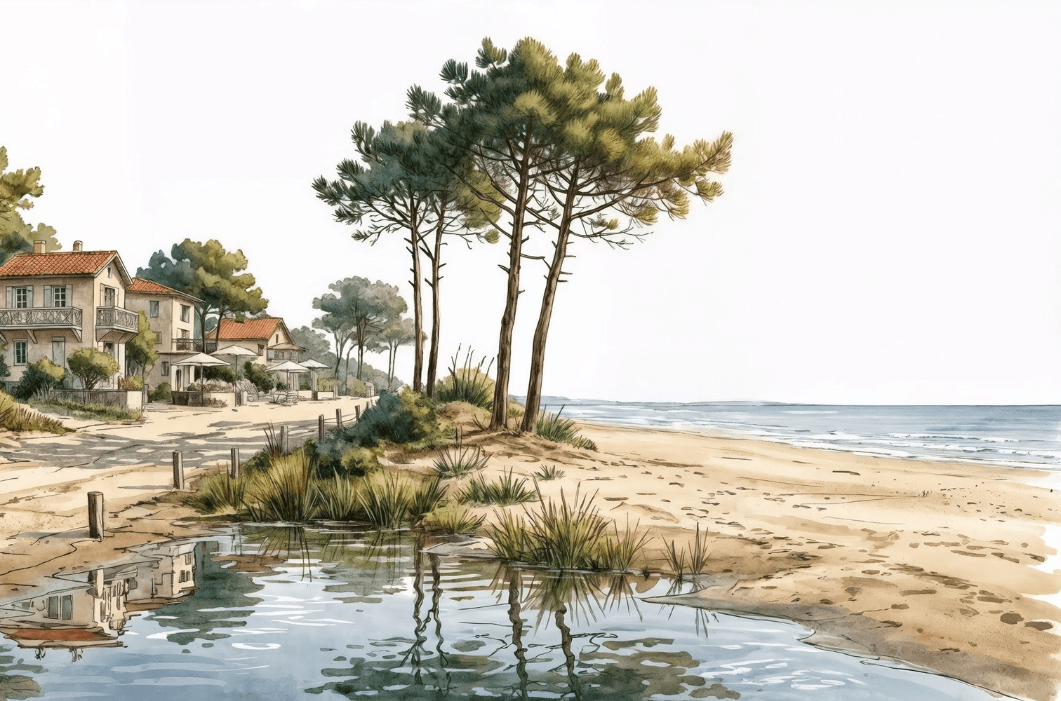Balade au Cap Ferret – Papier peint panoramique évasion entre océan, sable et pinède - Illulart: Papier peint panoramique