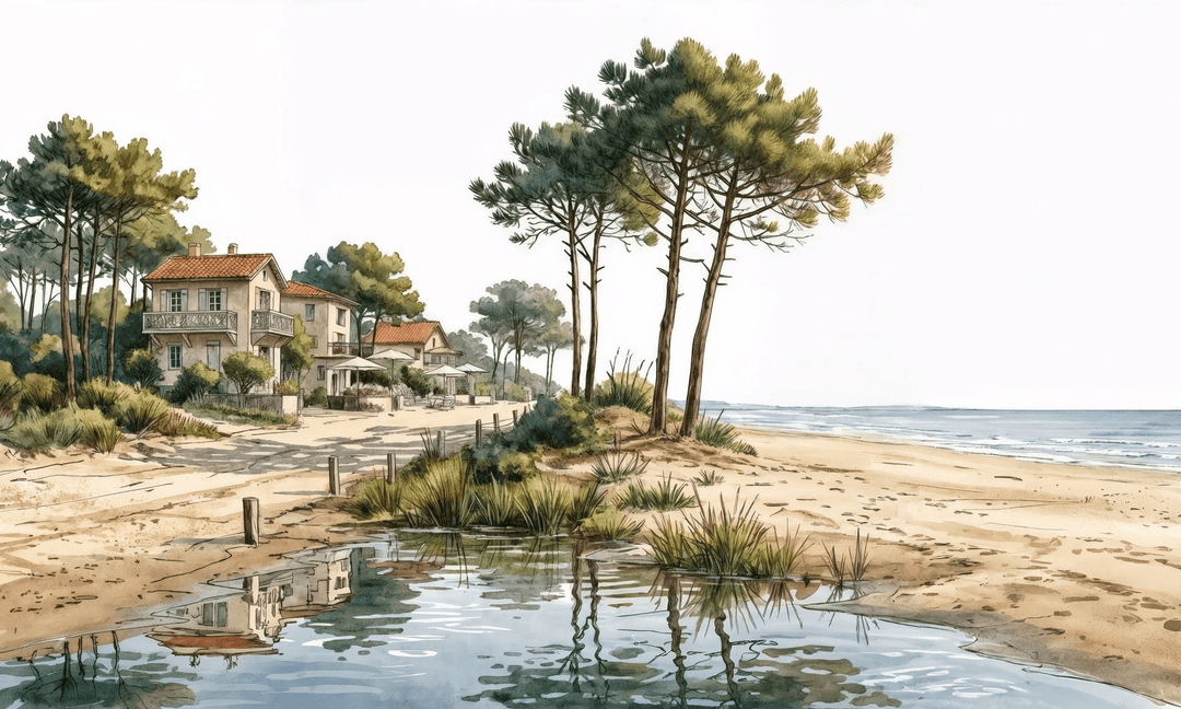 Balade au Cap Ferret – Papier peint panoramique évasion entre océan, sable et pinède - Illulart: Papier peint panoramique