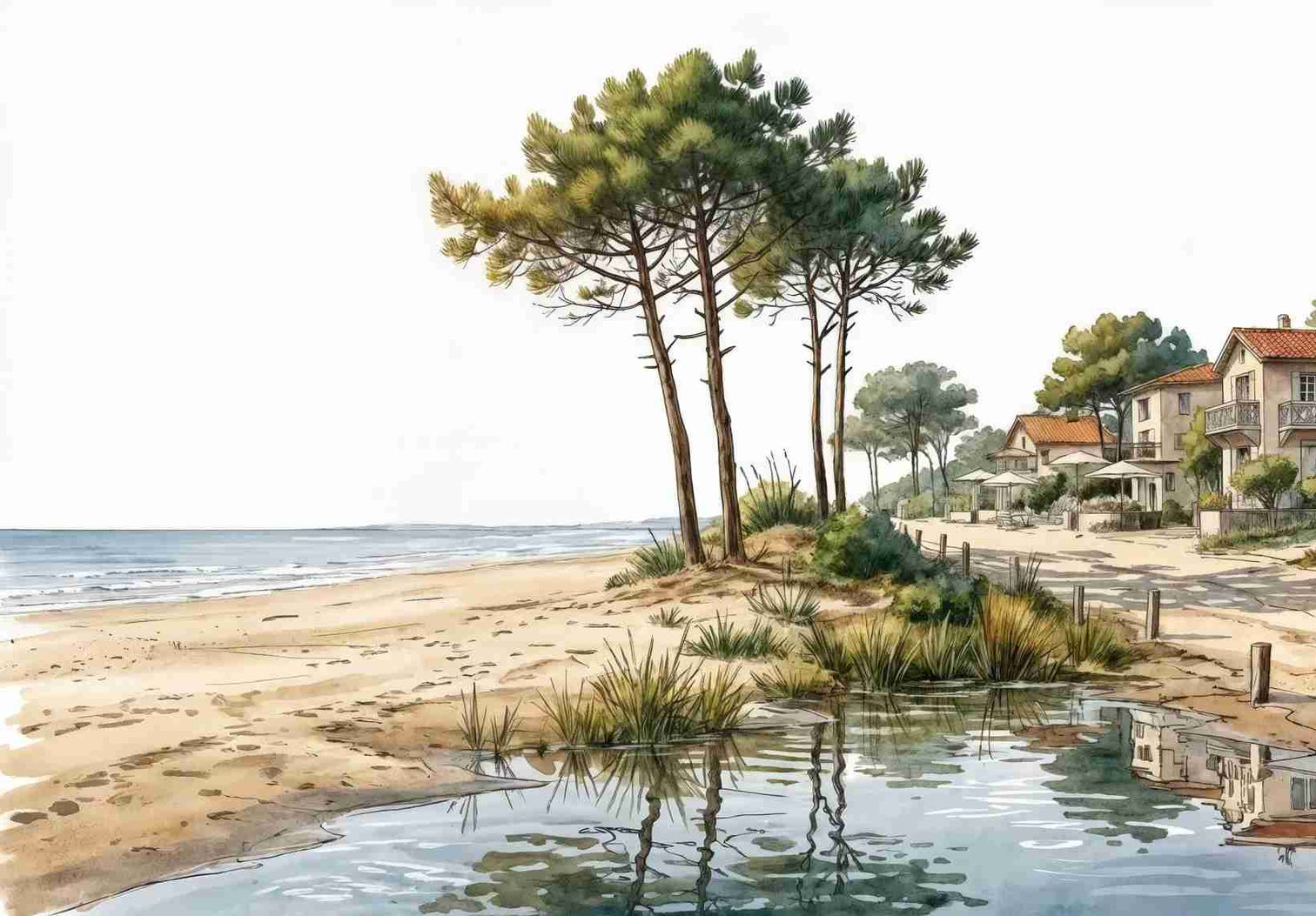 Balade au Cap Ferret – Papier peint panoramique évasion entre océan, sable et pinède - Illulart: Papier peint panoramique