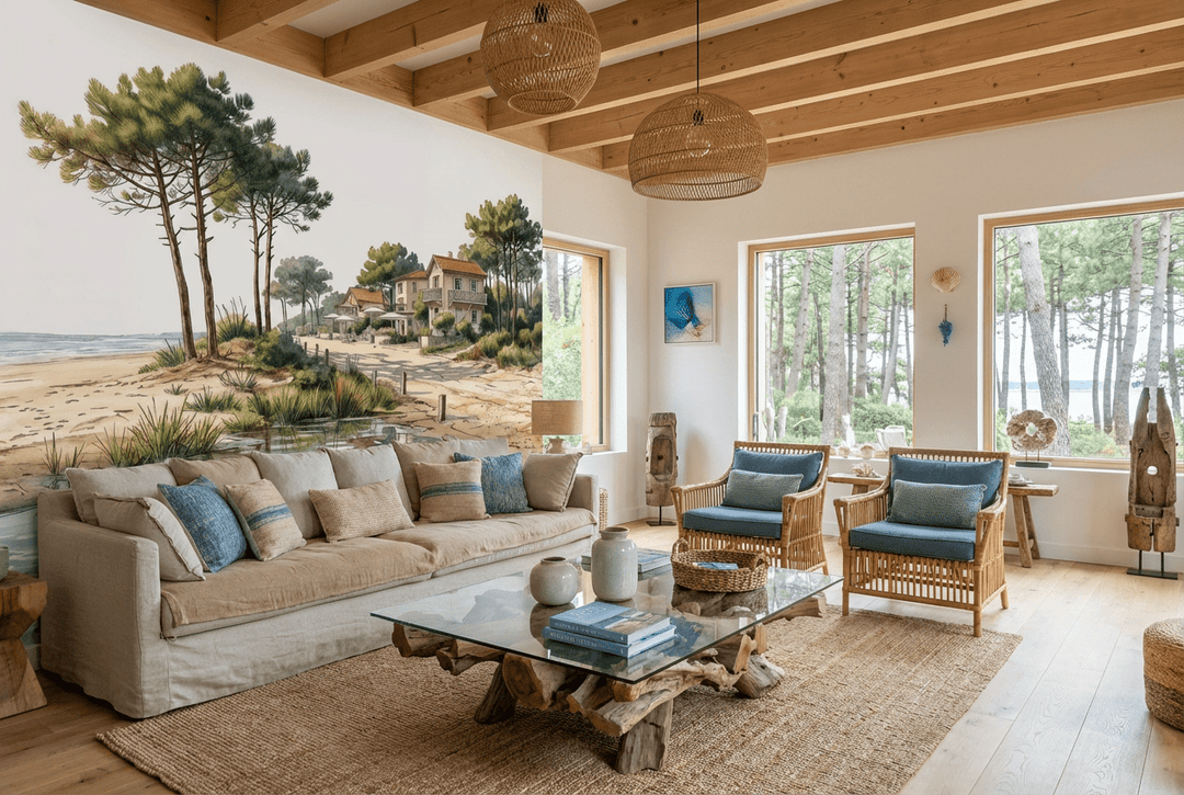 Balade au Cap Ferret – Papier peint panoramique évasion entre océan, sable et pinède - Illulart: Papier peint panoramique