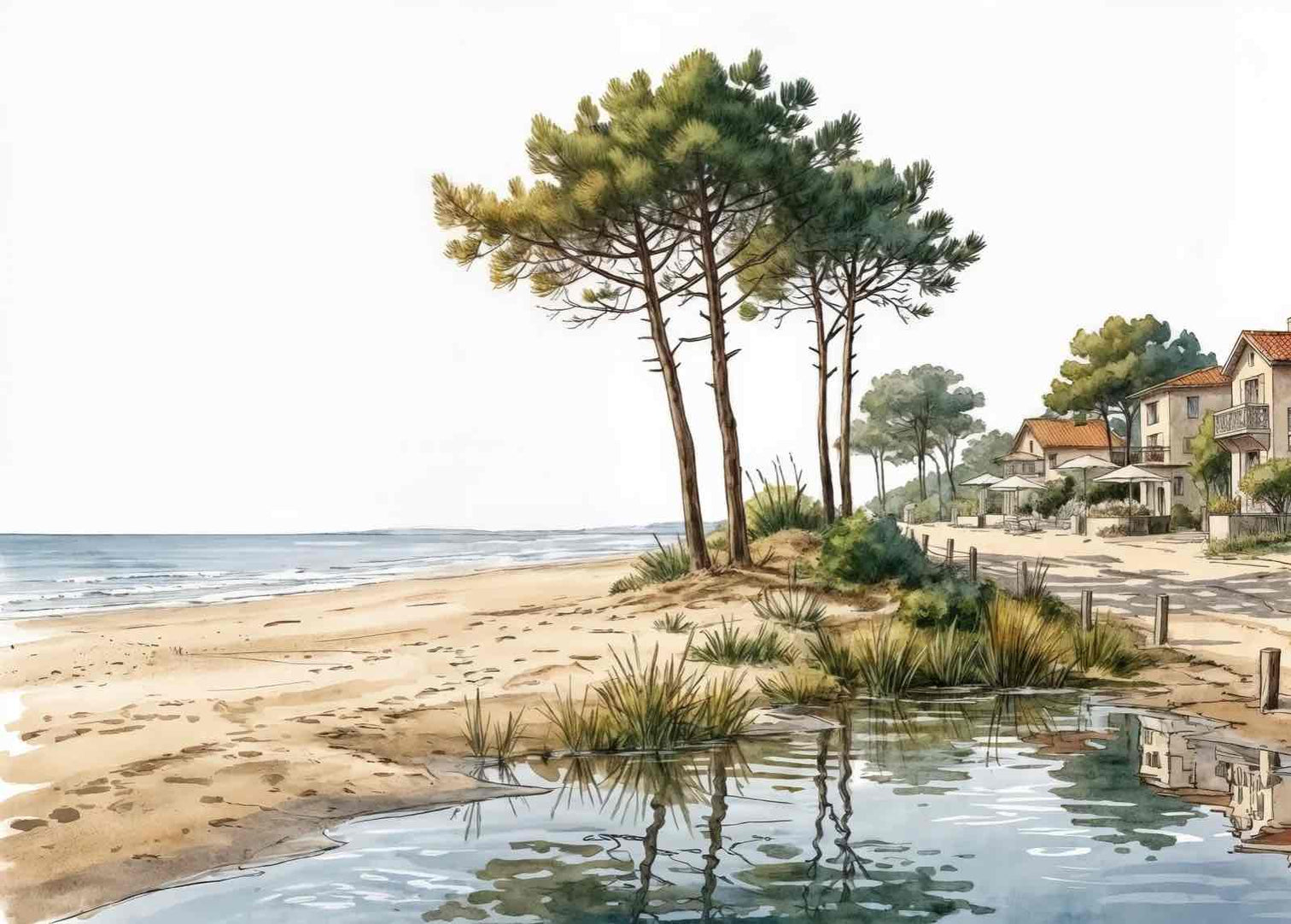 Balade au Cap Ferret – Papier peint panoramique évasion entre océan, sable et pinède - Illulart: Papier peint panoramique