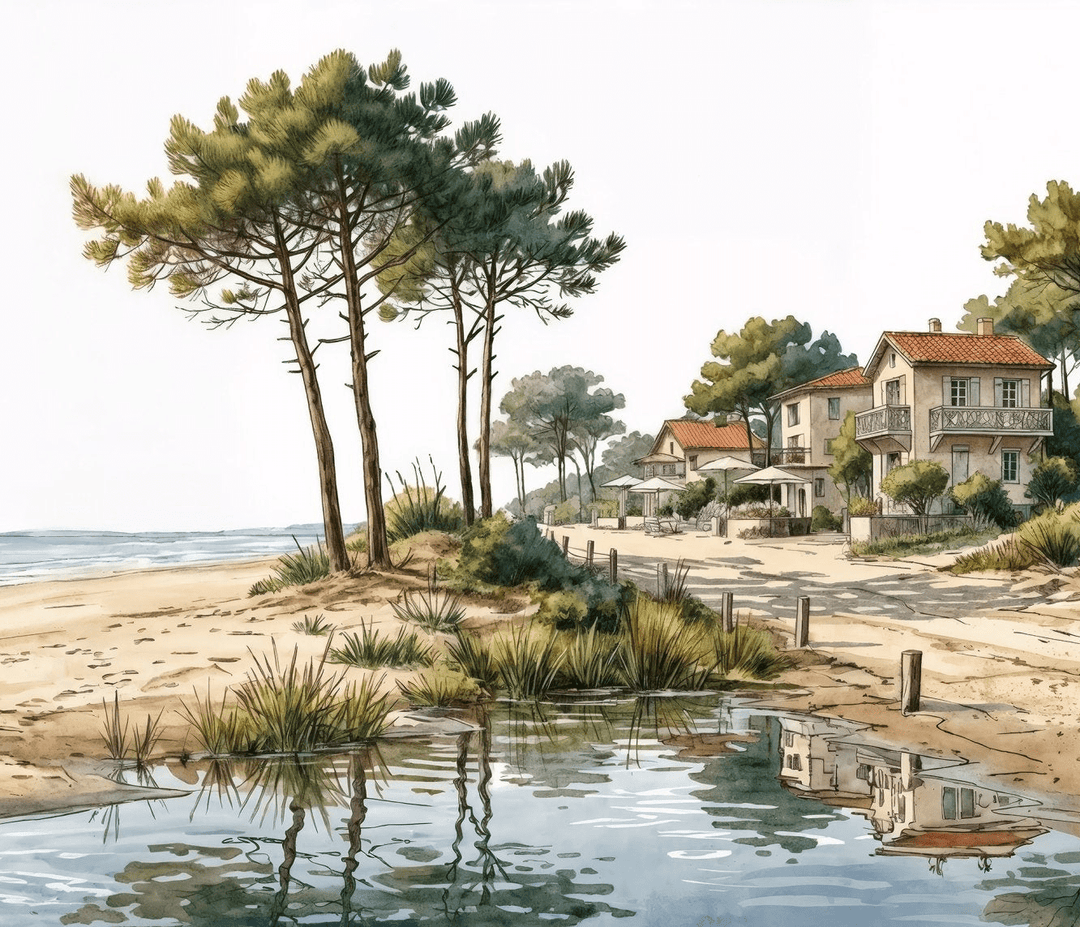 Balade au Cap Ferret – Papier peint panoramique évasion entre océan, sable et pinède - Illulart: Papier peint panoramique