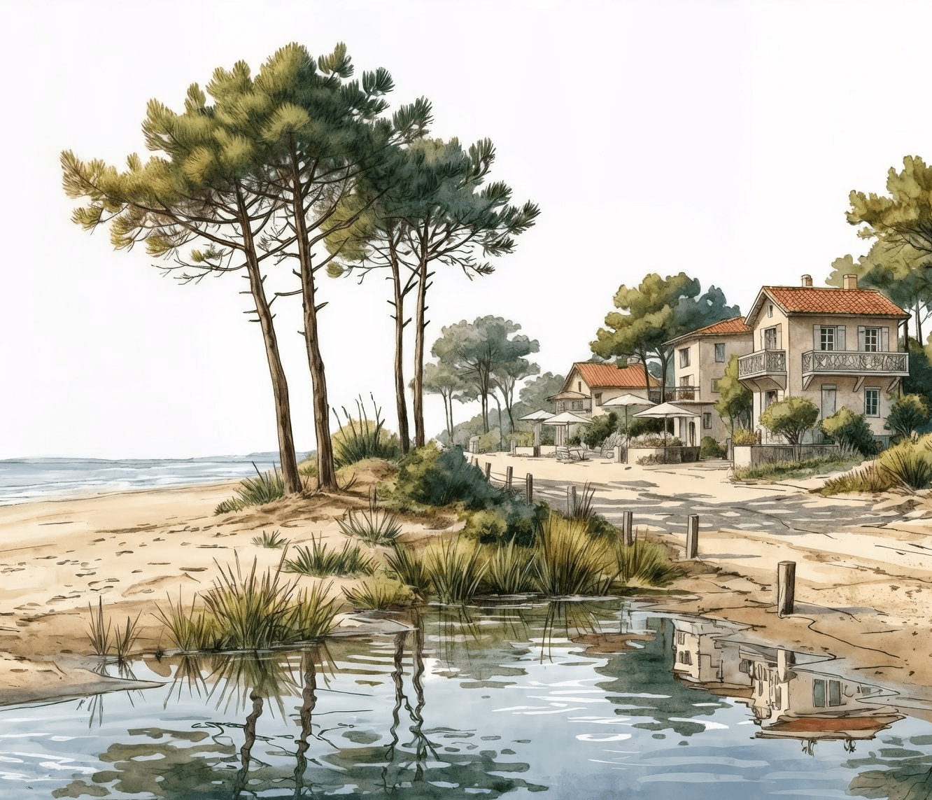 Balade au Cap Ferret – Papier peint panoramique évasion entre océan, sable et pinède - Illulart: Papier peint panoramique
