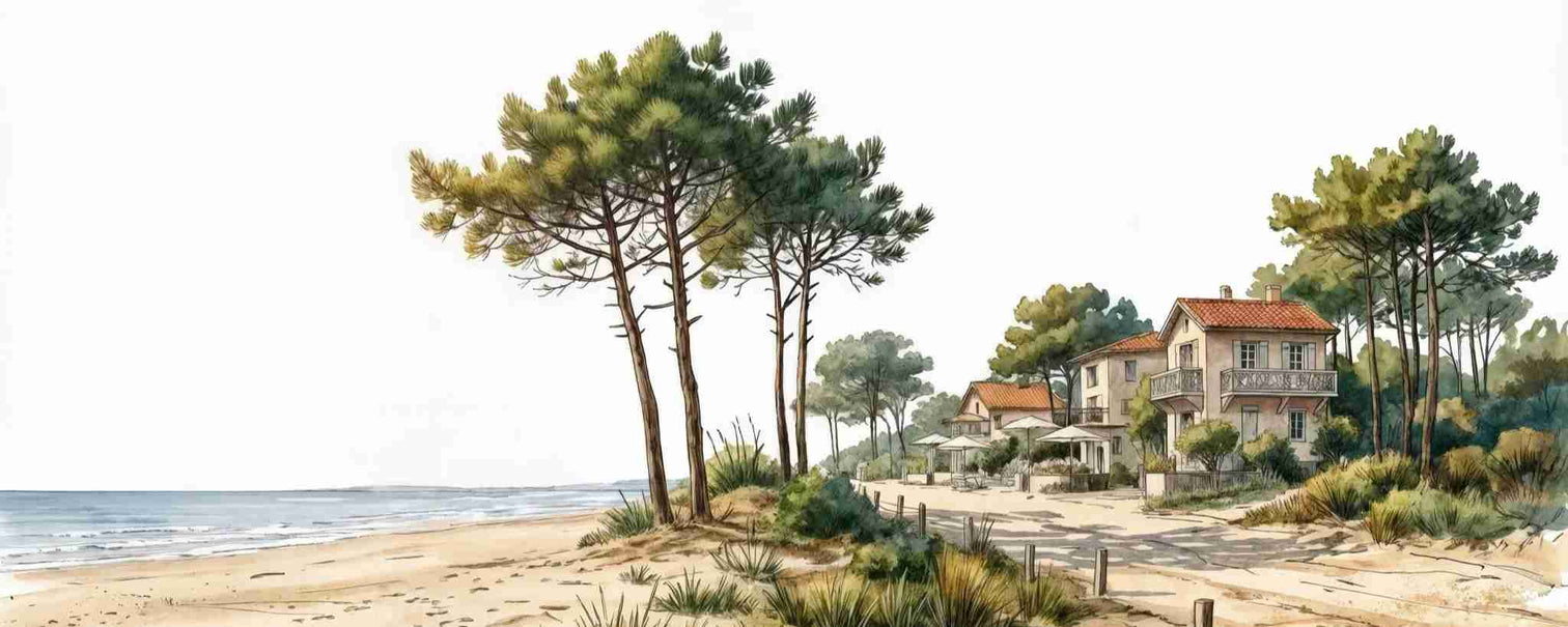 Balade au Cap Ferret – Papier peint panoramique évasion entre océan, sable et pinède - Illulart: Papier peint panoramique