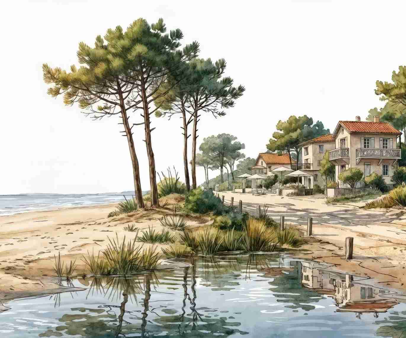 Balade au Cap Ferret – Papier peint panoramique évasion entre océan, sable et pinède - Illulart: Papier peint panoramique