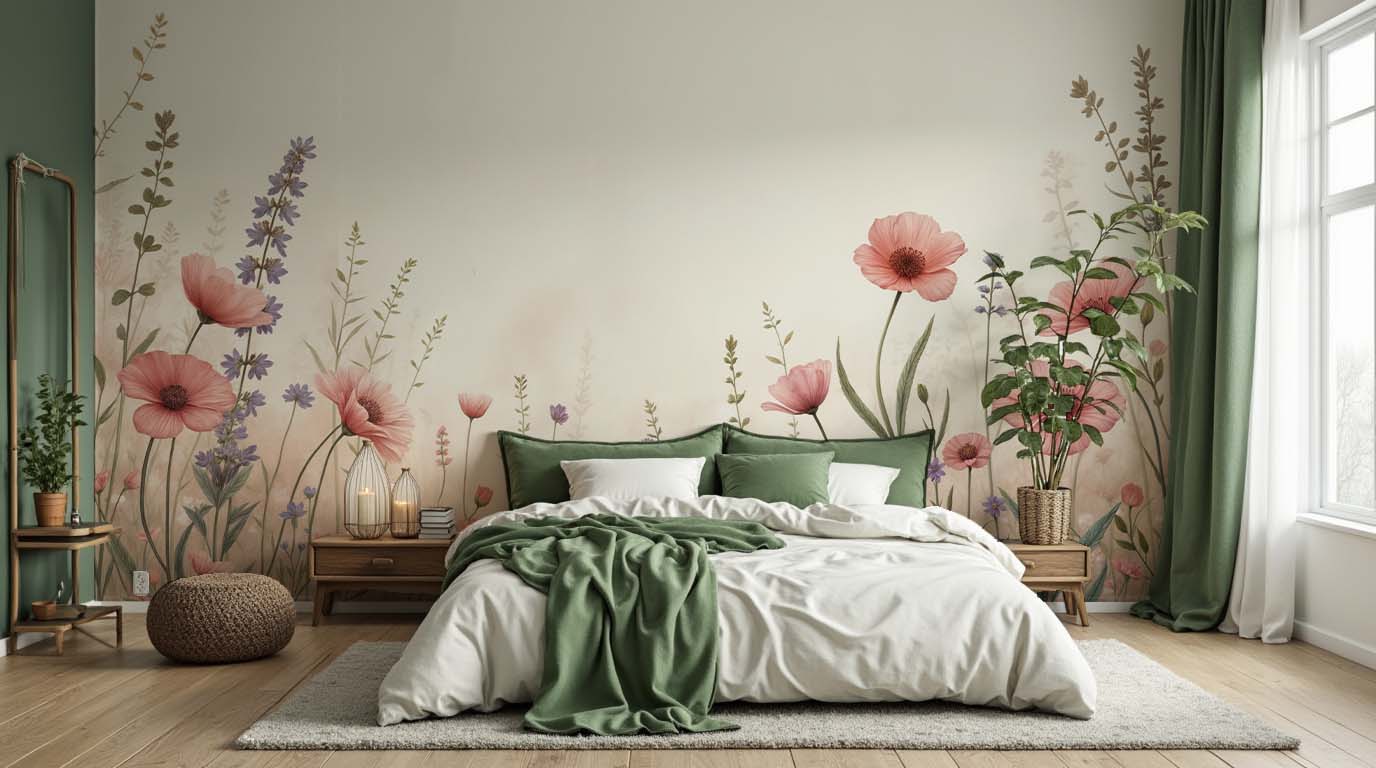 Balade botanique : un jardin fleuri en papier peint - Illulart: Papier peint panoramique