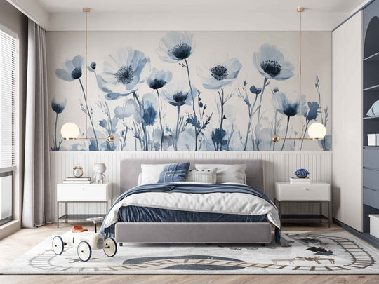 Bleu Poétique - Papier Peint Panoramique Floral en Aquarelle Bleu - Gris - Illulart: Papier peint panoramique