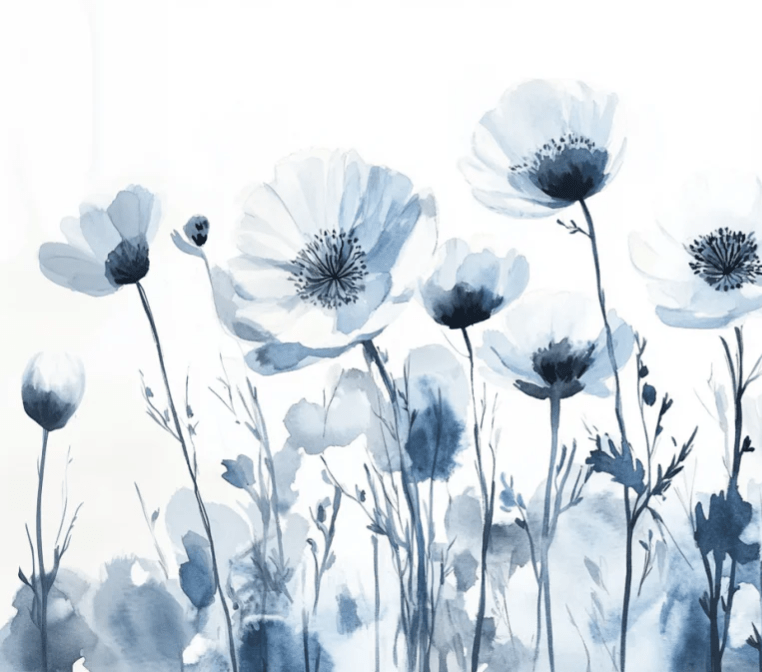 Bleu Poétique - Papier Peint Panoramique Floral en Aquarelle Bleu - Gris - Illulart: Papier peint panoramique