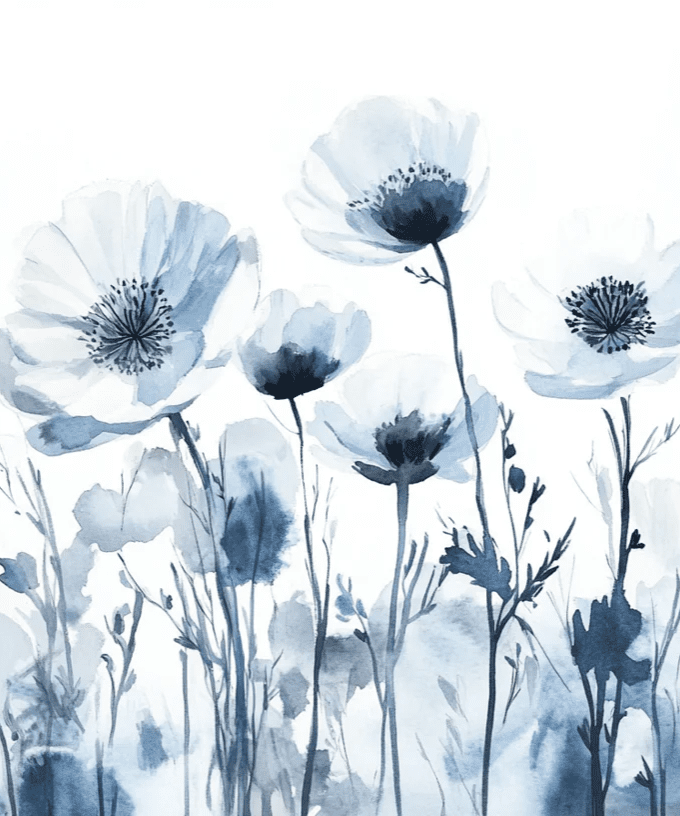 Bleu Poétique - Papier Peint Panoramique Floral en Aquarelle Bleu - Gris - Illulart: Papier peint panoramique