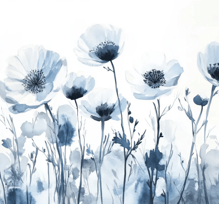 Bleu Poétique - Papier Peint Panoramique Floral en Aquarelle Bleu - Gris - Illulart: Papier peint panoramique