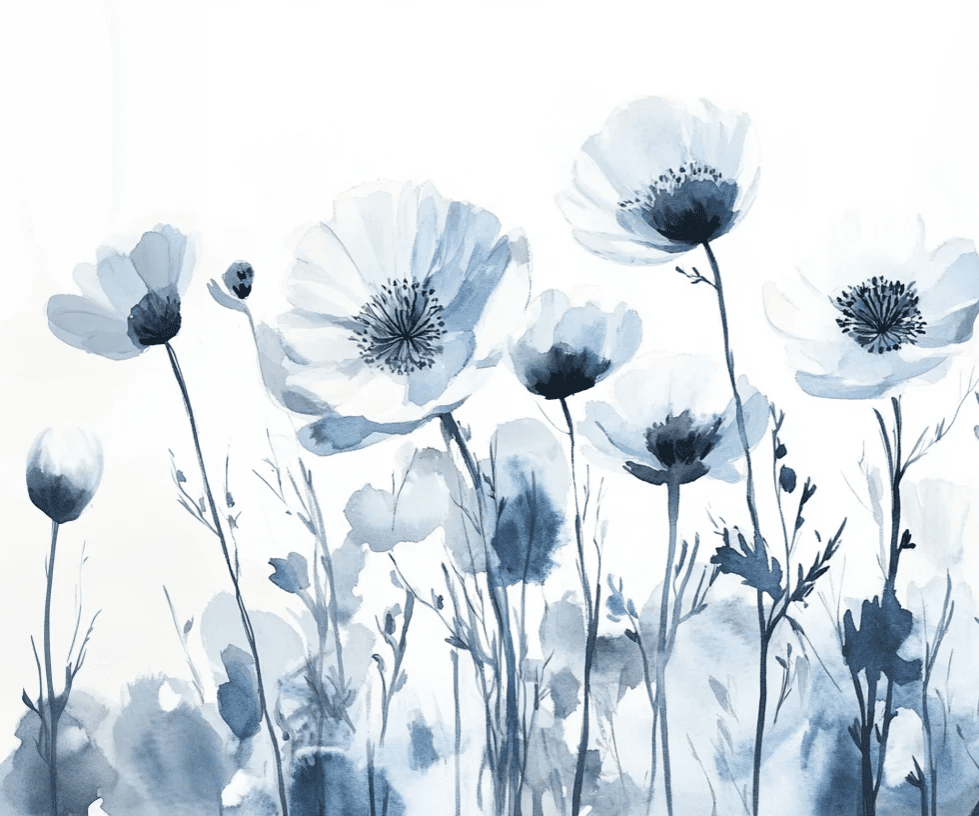 Bleu Poétique - Papier Peint Panoramique Floral en Aquarelle Bleu - Gris - Illulart: Papier peint panoramique