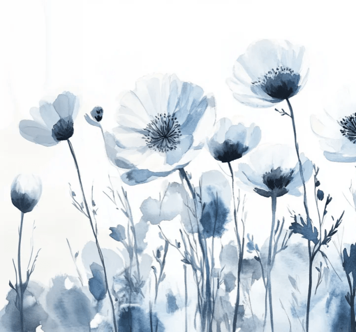 Bleu Poétique - Papier Peint Panoramique Floral en Aquarelle Bleu - Gris - Illulart: Papier peint panoramique