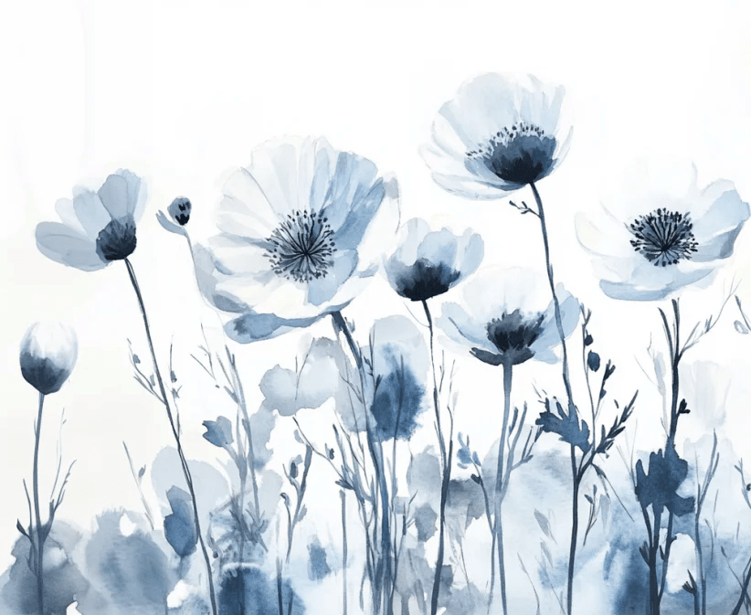 Bleu Poétique - Papier Peint Panoramique Floral en Aquarelle Bleu - Gris - Illulart: Papier peint panoramique