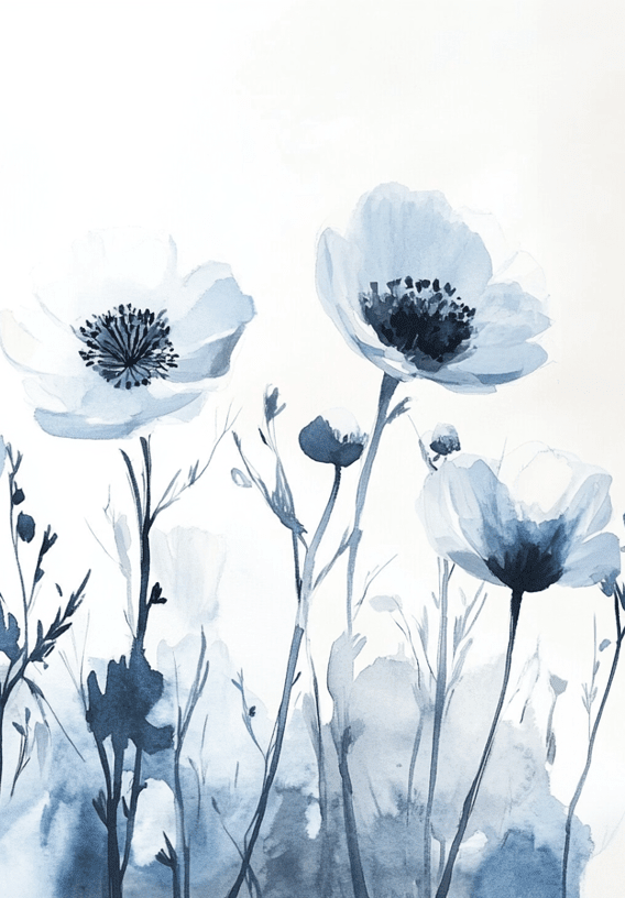 Bleu Poétique - Papier Peint Panoramique Floral en Aquarelle Bleu - Gris - Illulart: Papier peint panoramique