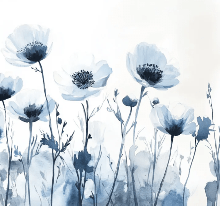 Bleu Poétique - Papier Peint Panoramique Floral en Aquarelle Bleu - Gris - Illulart: Papier peint panoramique