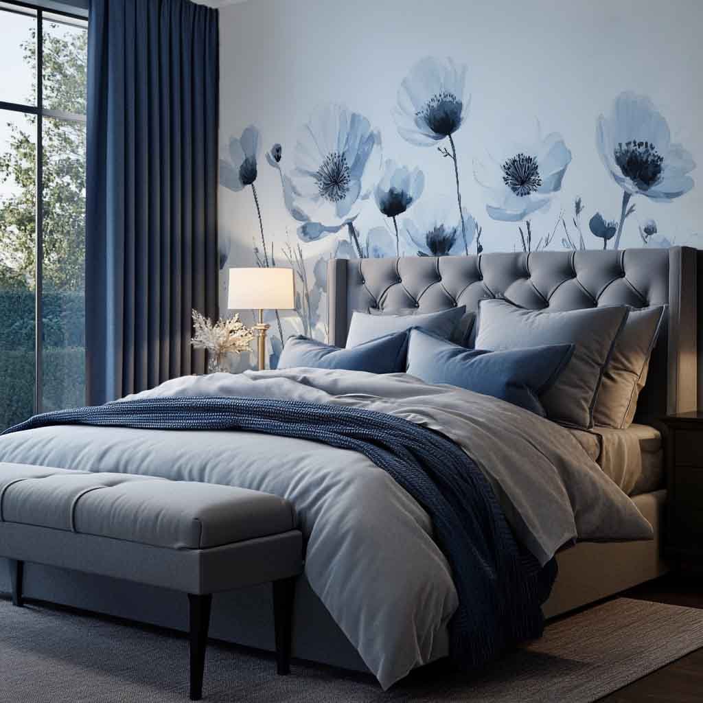 Bleu Poétique - Papier Peint Panoramique Floral en Aquarelle Bleu - Gris - Illulart: Papier peint panoramique