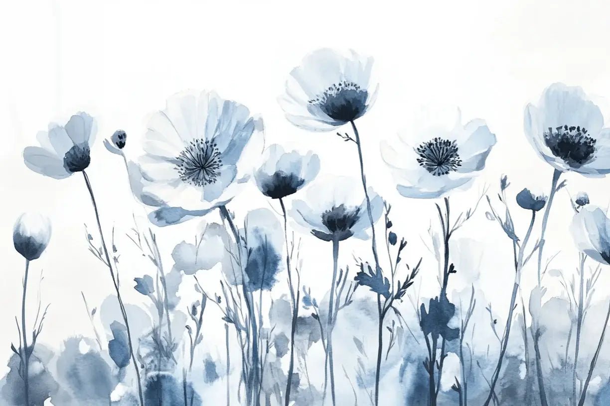 Bleu Poétique - Papier Peint Panoramique Floral en Aquarelle Bleu - Gris - Illulart: Papier peint panoramique