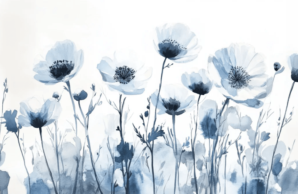 Bleu Poétique - Papier Peint Panoramique Floral en Aquarelle Bleu - Gris - Illulart: Papier peint panoramique