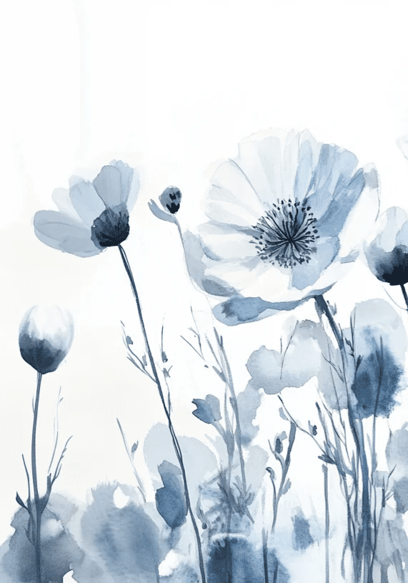 Bleu Poétique - Papier Peint Panoramique Floral en Aquarelle Bleu - Gris - Illulart: Papier peint panoramique