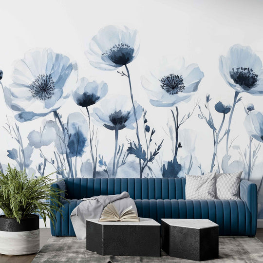 Bleu Poétique - Papier Peint Panoramique Floral en Aquarelle Bleu - Gris - Illulart: Papier peint panoramique