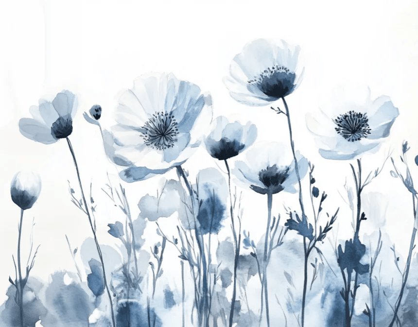 Bleu Poétique - Papier Peint Panoramique Floral en Aquarelle Bleu - Gris - Illulart: Papier peint panoramique