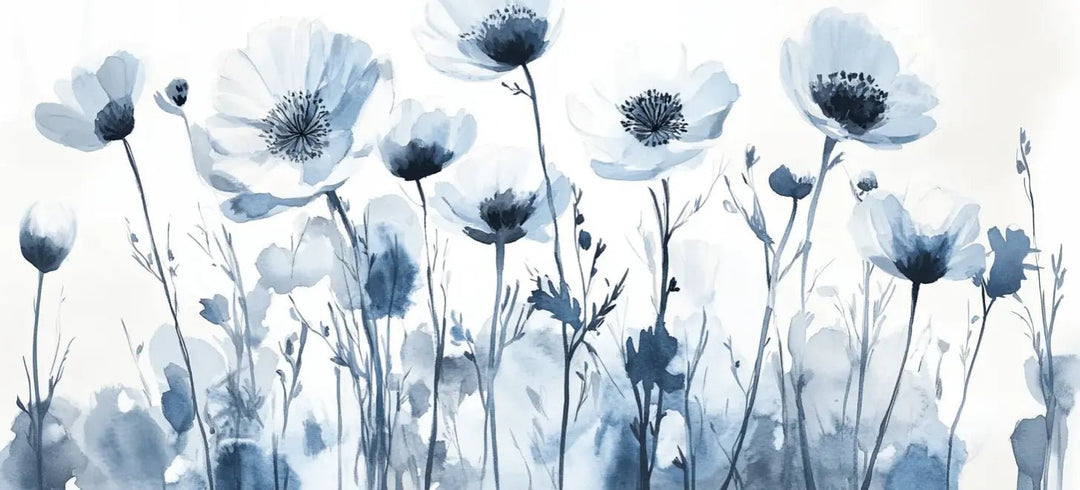 Bleu Poétique - Papier Peint Panoramique Floral en Aquarelle Bleu - Gris - Illulart: Papier peint panoramique