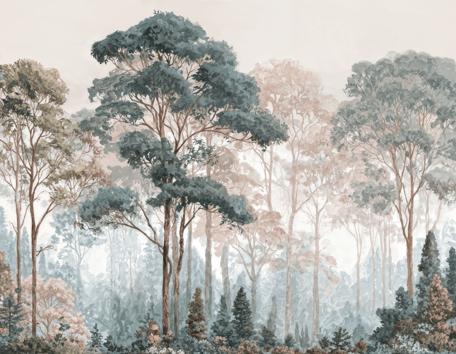 Brume pastel au lever du jour – Papier peint panoramique forêt - Illulart: Papier peint panoramique