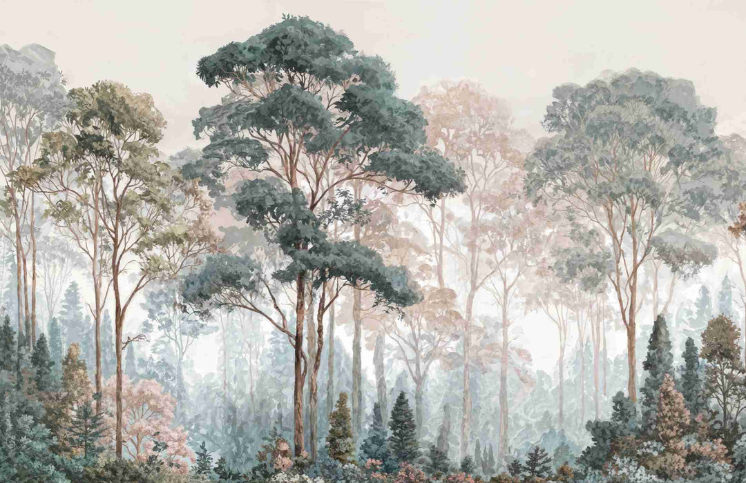 Brume pastel au lever du jour – Papier peint panoramique forêt - Illulart: Papier peint panoramique