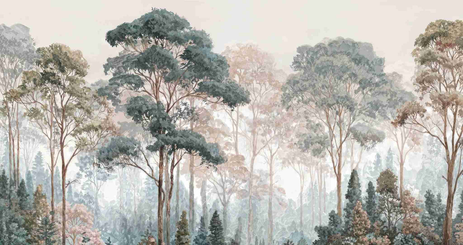 Brume pastel au lever du jour – Papier peint panoramique forêt - Illulart: Papier peint panoramique
