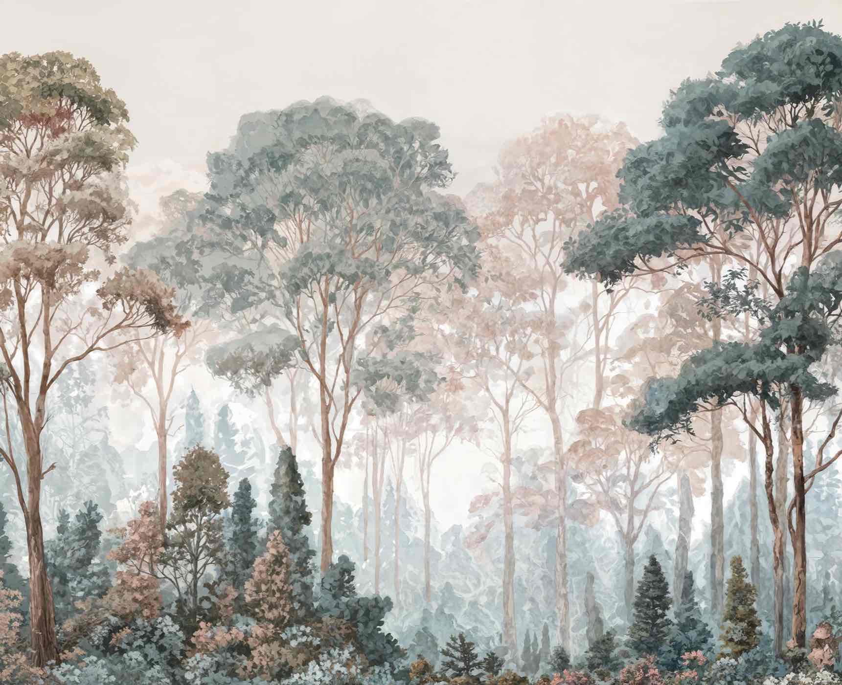 Brume pastel au lever du jour – Papier peint panoramique forêt - Illulart: Papier peint panoramique