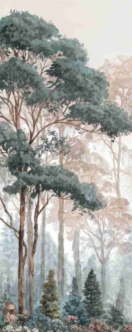 Brume pastel au lever du jour – Papier peint panoramique forêt