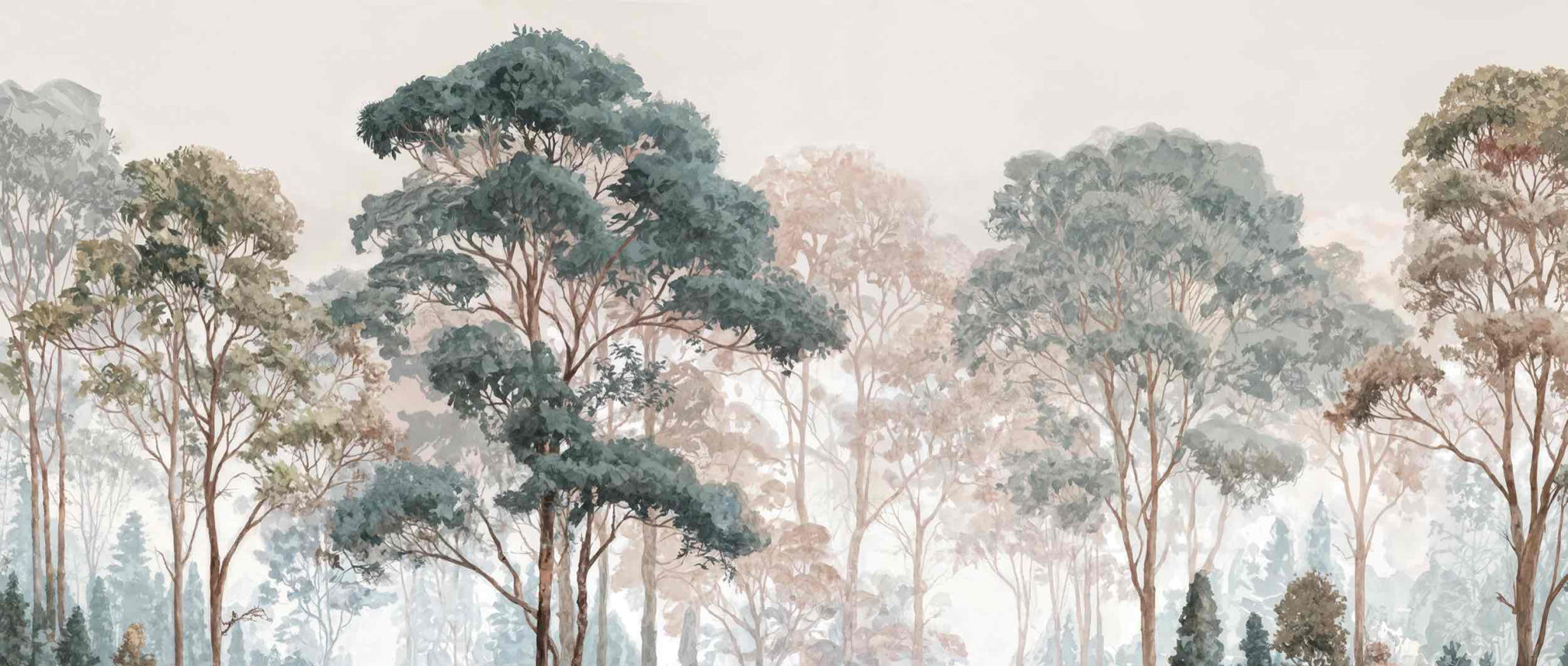 Brume pastel au lever du jour – Papier peint panoramique forêt - Illulart: Papier peint panoramique