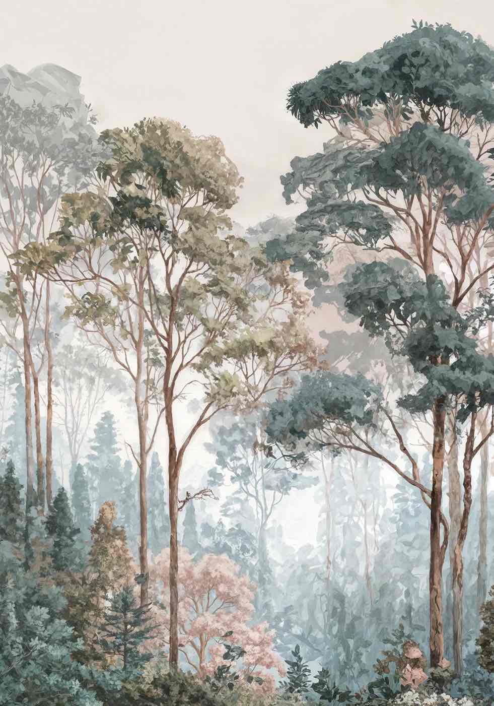 Brume pastel au lever du jour – Papier peint panoramique forêt - Illulart: Papier peint panoramique