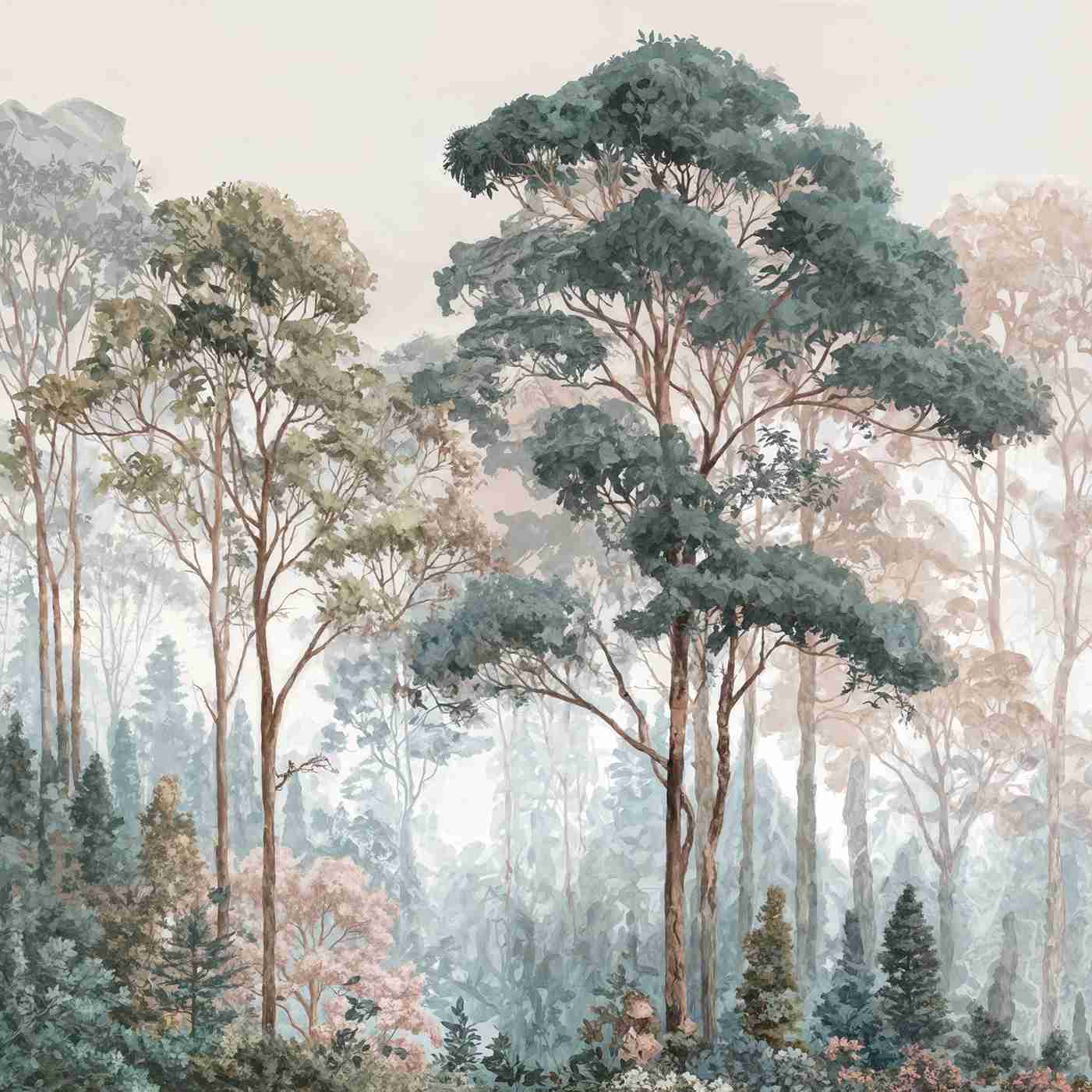 Brume pastel au lever du jour – Papier peint panoramique forêt - Illulart: Papier peint panoramique