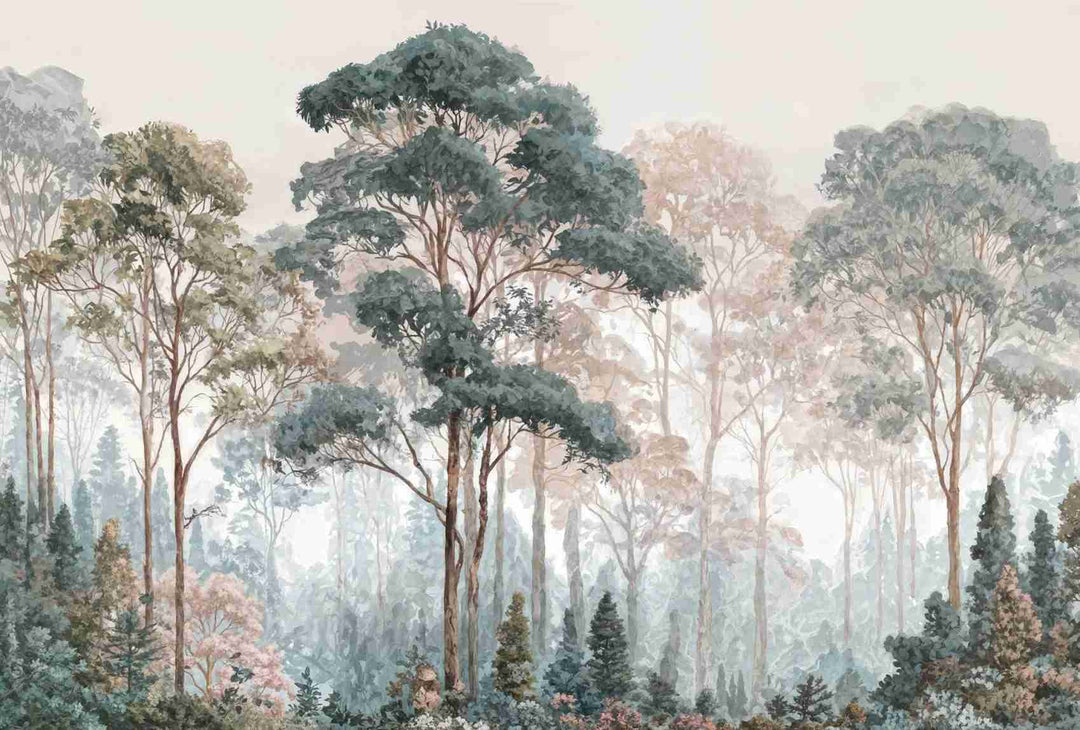 Brume pastel au lever du jour – Papier peint panoramique forêt - Illulart: Papier peint panoramique