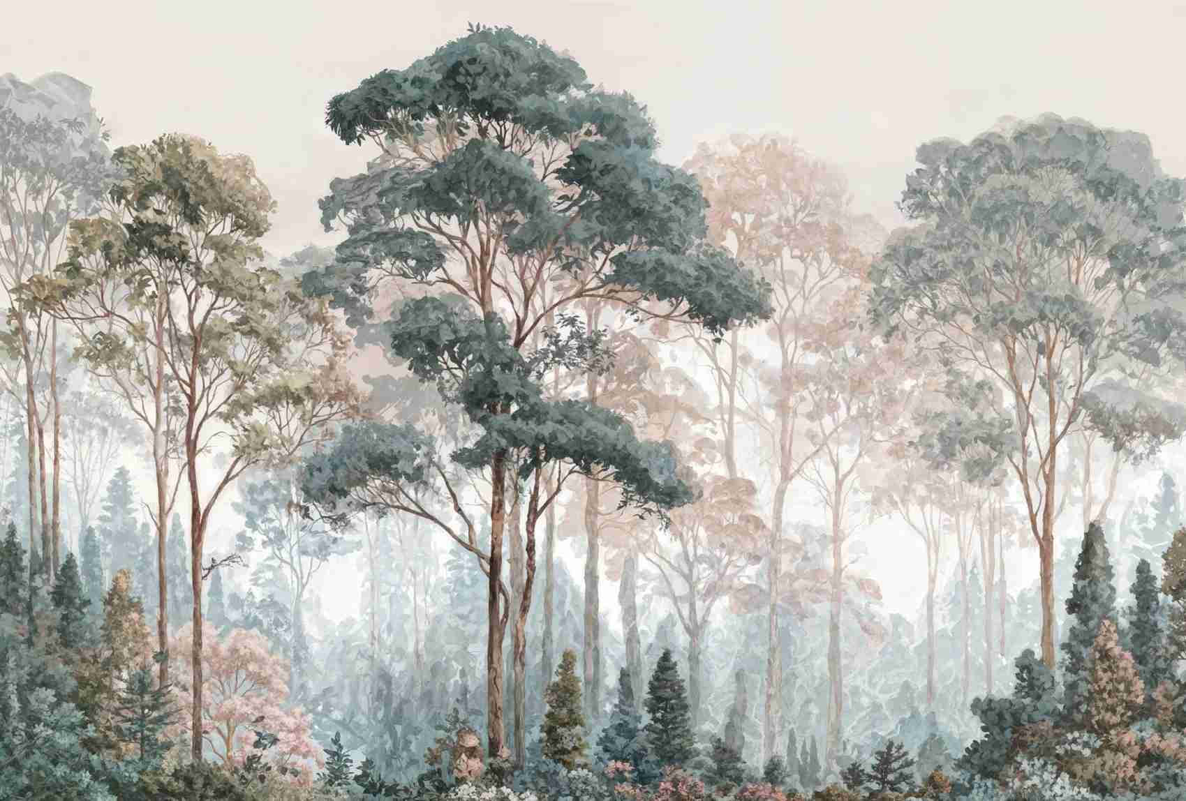 Brume pastel au lever du jour – Papier peint panoramique forêt
