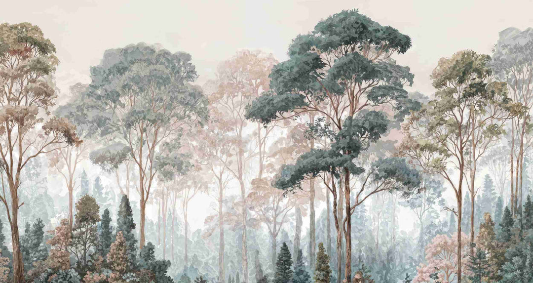 Brume pastel au lever du jour – Papier peint panoramique forêt - Illulart: Papier peint panoramique
