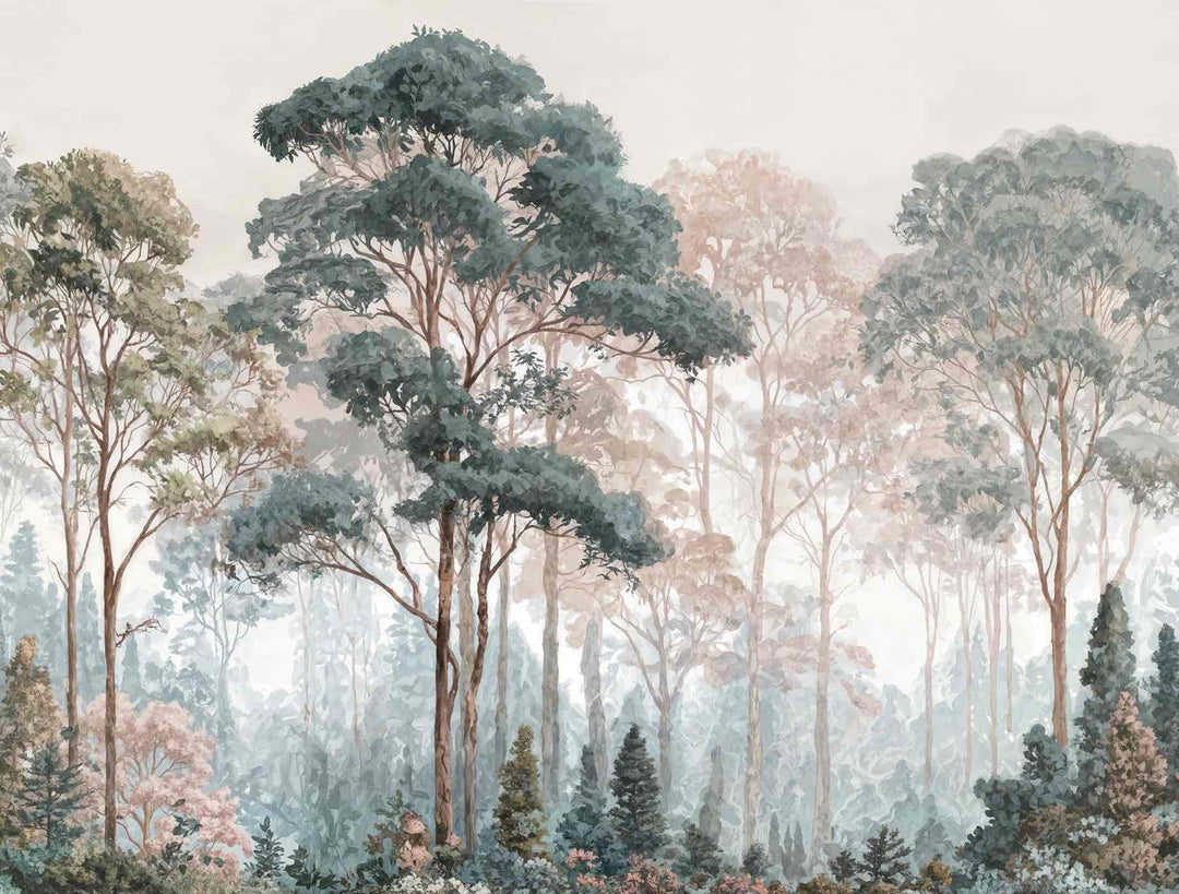Brume pastel au lever du jour – Papier peint panoramique forêt - Illulart: Papier peint panoramique