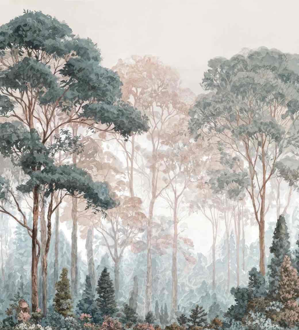 Brume pastel au lever du jour – Papier peint panoramique forêt - Illulart: Papier peint panoramique
