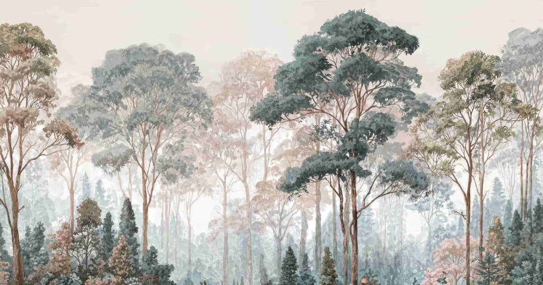 Brume pastel au lever du jour – Papier peint panoramique forêt - Illulart: Papier peint panoramique