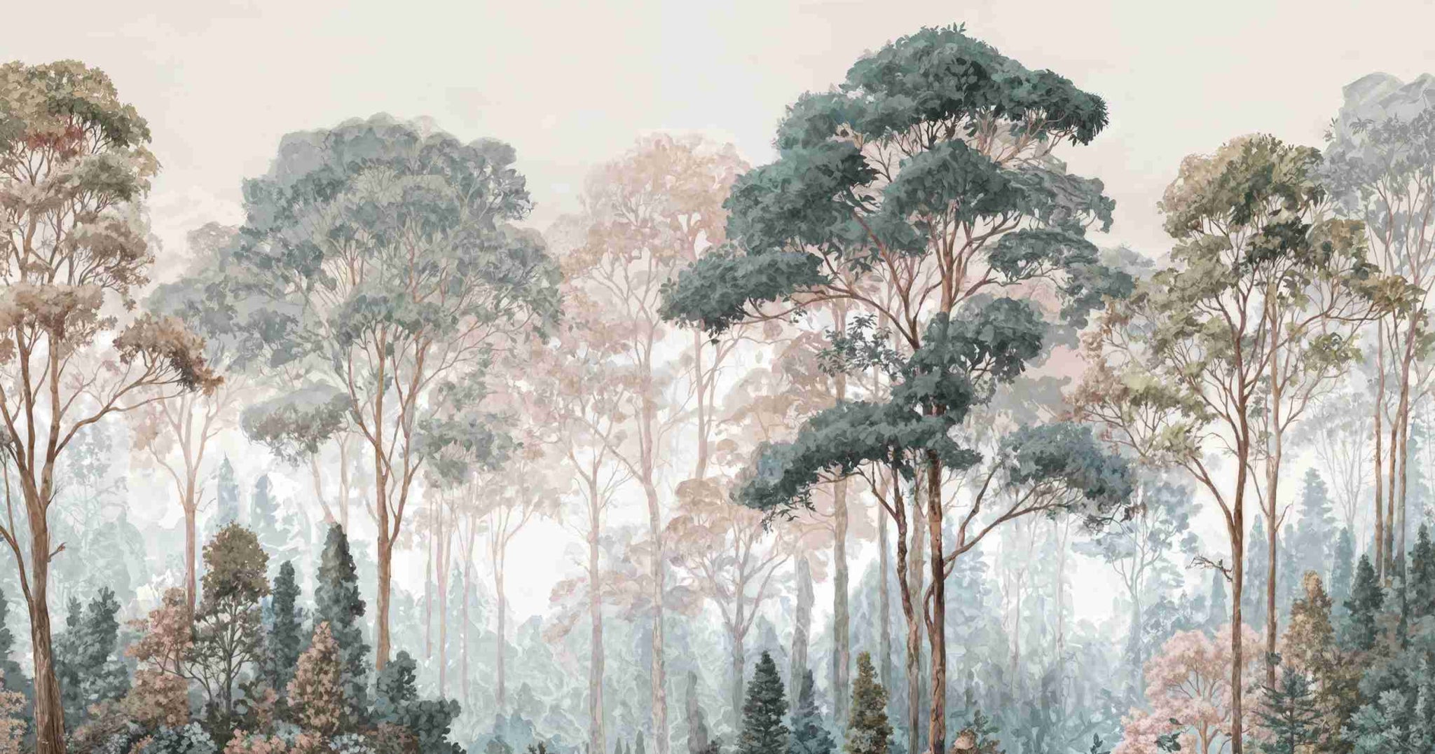 Brume pastel au lever du jour – Papier peint panoramique forêt - Illulart: Papier peint panoramique