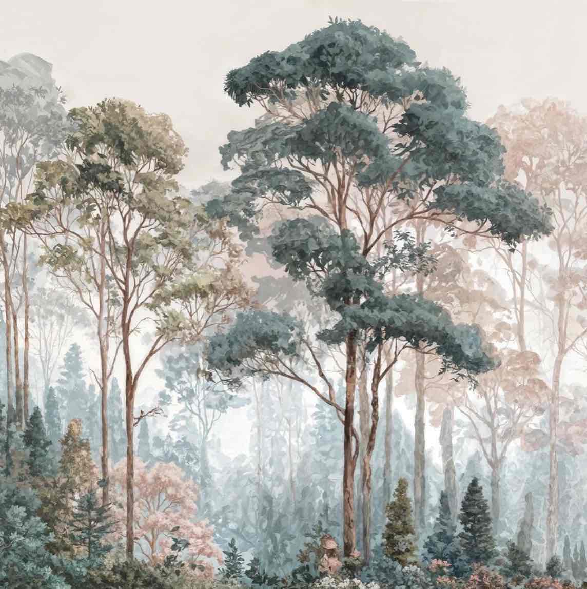 Brume pastel au lever du jour – Papier peint panoramique forêt - Illulart: Papier peint panoramique
