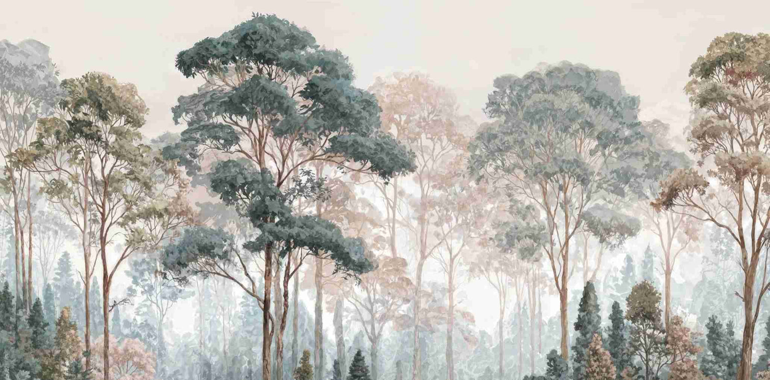 Brume pastel au lever du jour – Papier peint panoramique forêt - Illulart: Papier peint panoramique